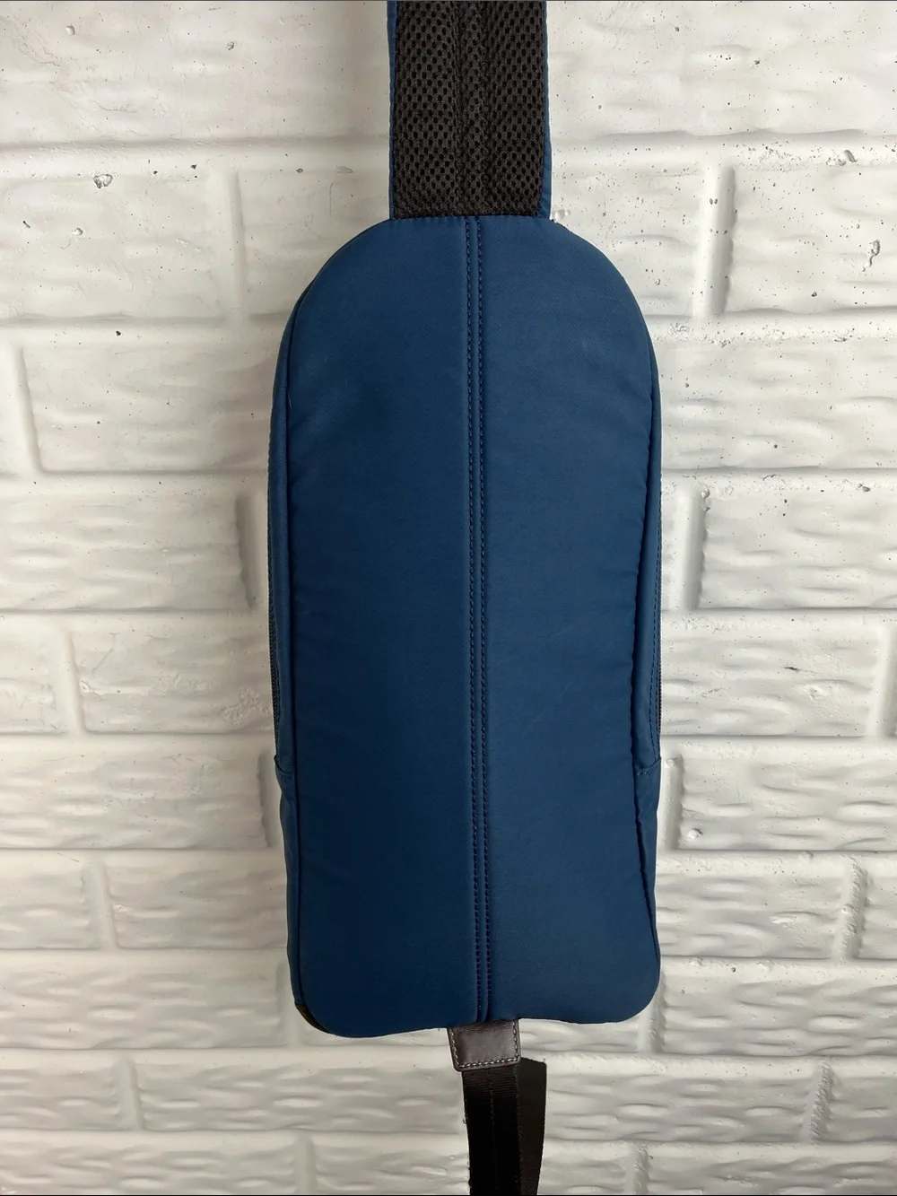 COACH Varick sling bag in navy blue / gray nylon with brown leather trim